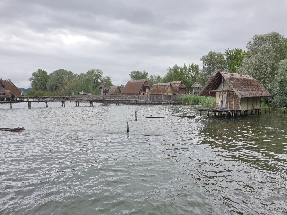 Erster Blick auf die Pfahlbauten am Beginn des Rundgangs. Mehrere Gebäude im Wasser.